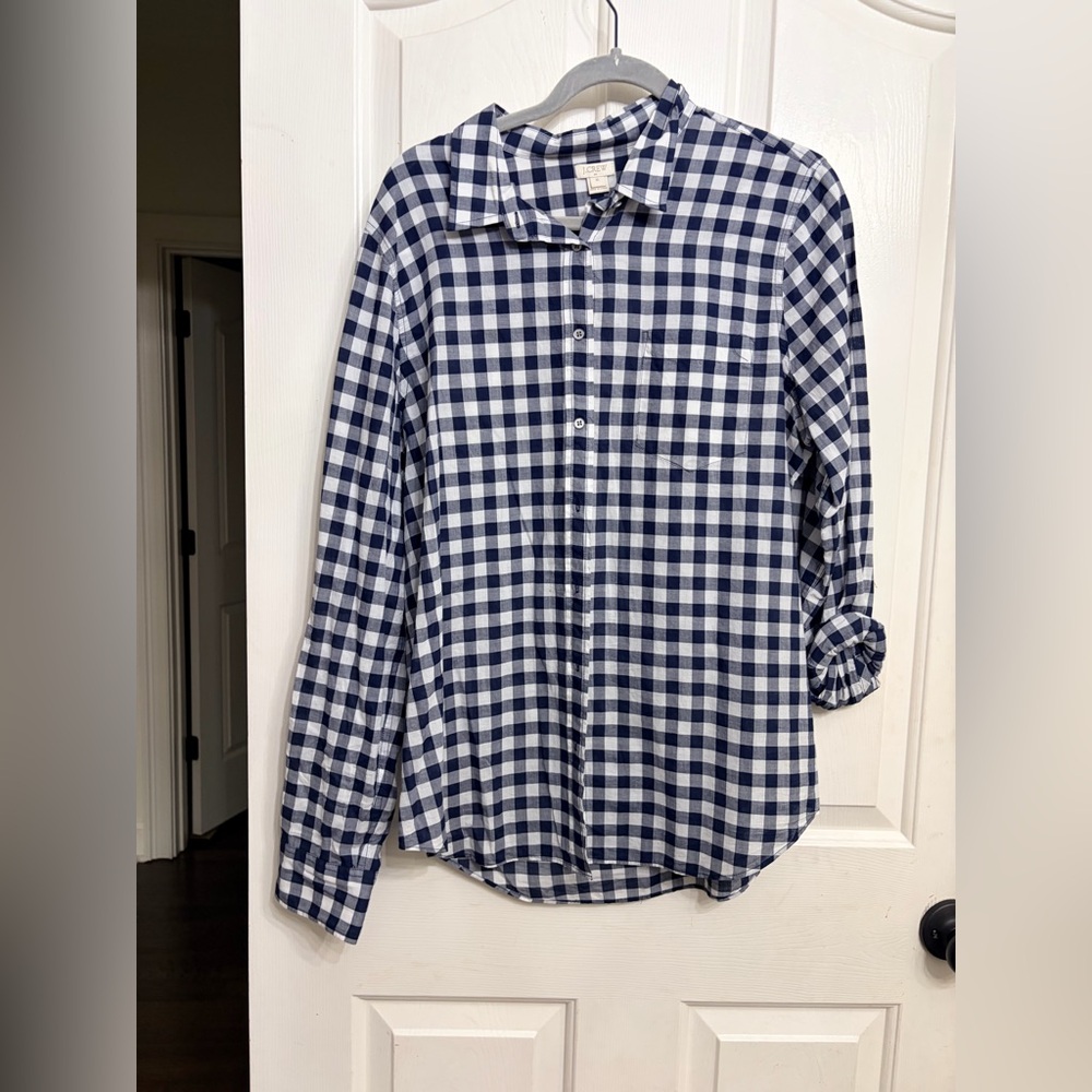 J. Crew Navy and White Gingham Cotton Button-Down Shirt